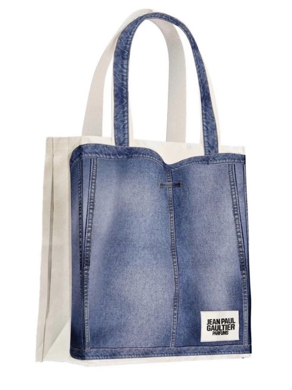 Jean Paul Gaultier Denim-Print Tote in Blue and White NWOT